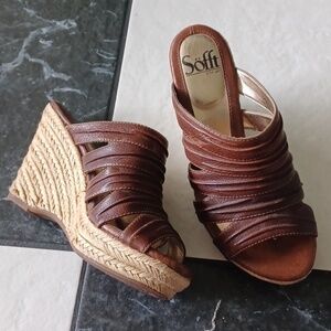 Sofft Brown Leather Wedge Platform Espadrille Sandal Heels Women's Size 6
